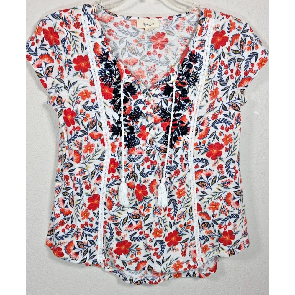 Style & Co Top Small Red Blue Split Tie Neck Blouse Boho Short Sleeve